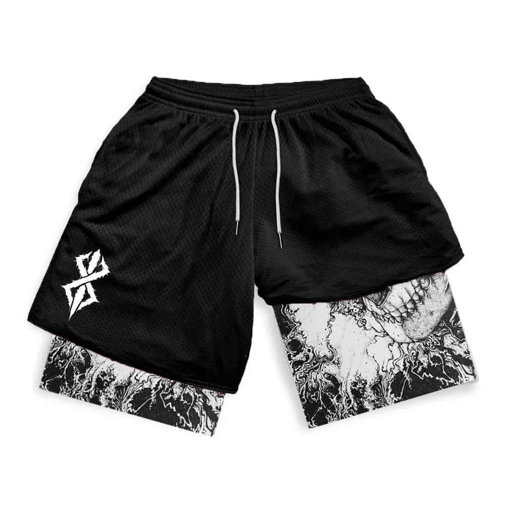 Print 2 in 1 Running Shorts for Men Gym Workout Fitness Athletic Shorts with Pockets Summer Activewear Quick Dry Stretch