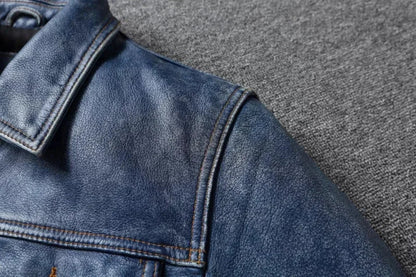 Men's Motorcycle Leather Jacket Light Blue Ami Khaki Retro Graphite Distressed Denim Genuine Leather Jacket Slim Short Jacket
