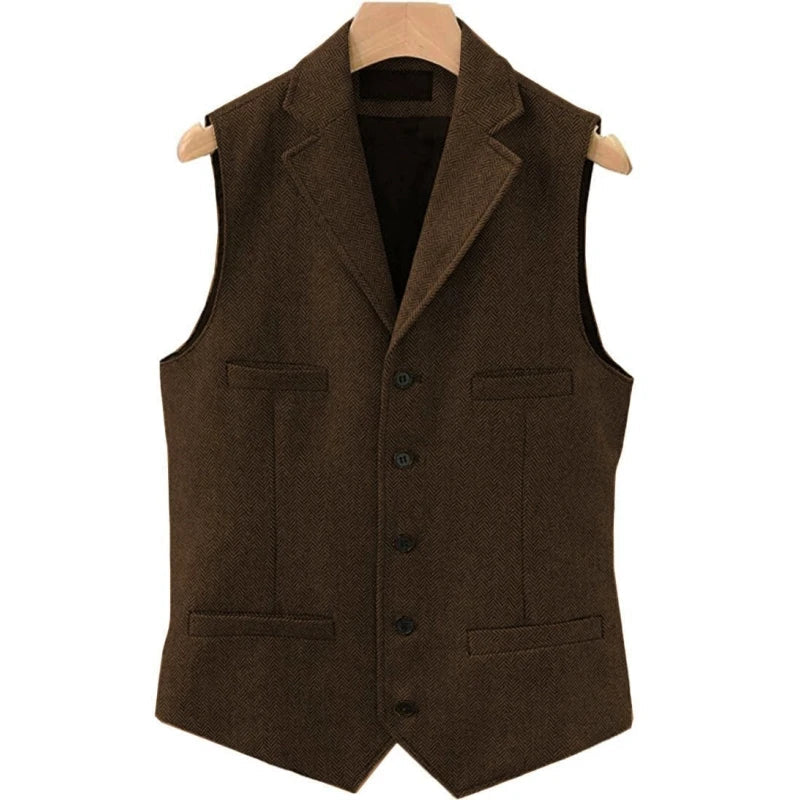 Men Vest Brown Herringbone Single Button With Lapel And Pocket Waistcoat For Wedding Groom Business Formal Banquet Work Men Suit