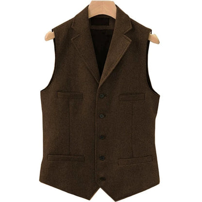Men Vest Brown Herringbone Single Button With Lapel And Pocket Waistcoat For Wedding Groom Business Formal Banquet Work Men Suit