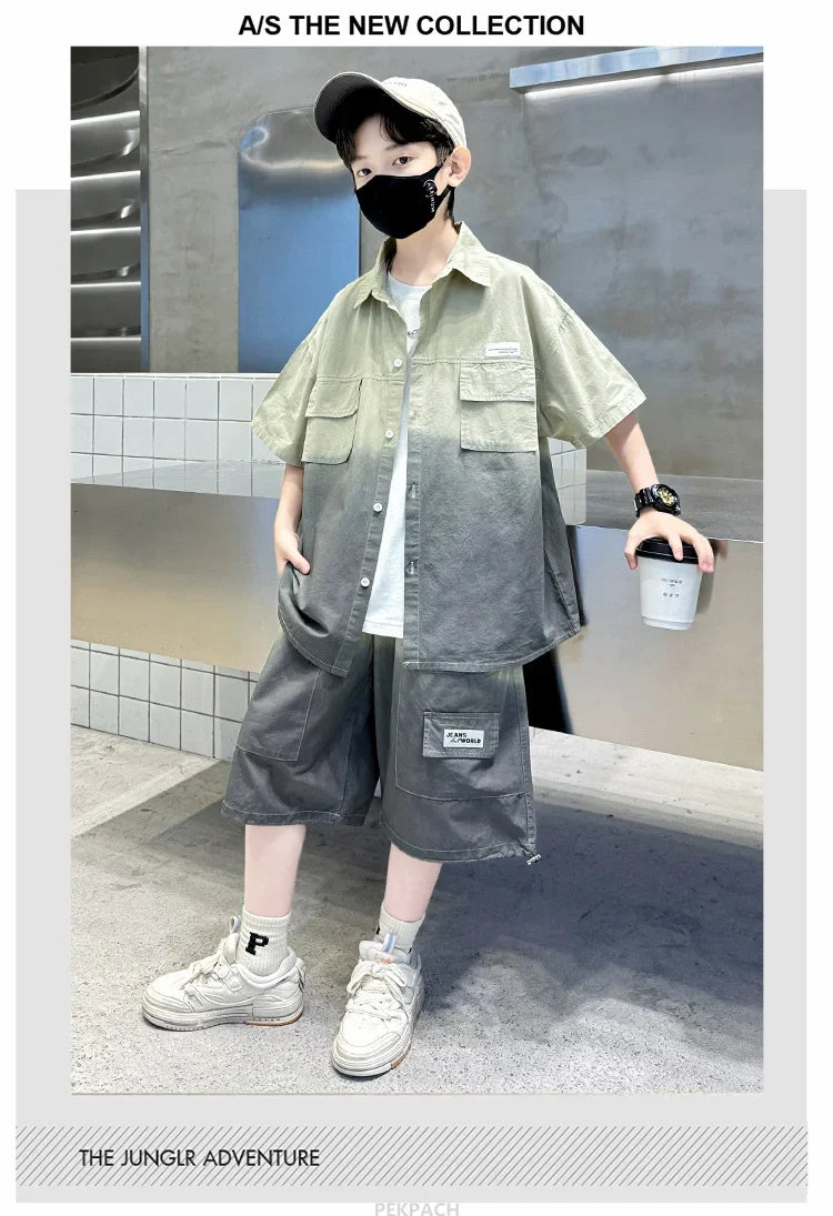 Loose Style Child Pocket Outfit Suit Cool Big Boys Summer Clothes Set Teens Kids Shirt+Shorts 2PCS Clothing Set Gradient Costume