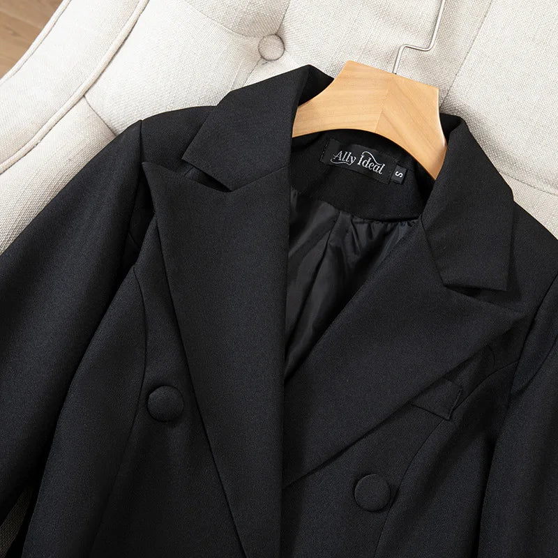 Slimming Black Suit Jacket Women's Midi Length Waist-Cinching Spring Fashion Elegant High-End Feelings Business Casual Coat