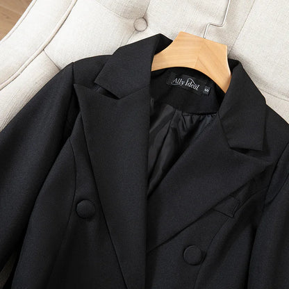 Slimming Black Suit Jacket Women's Midi Length Waist-Cinching Spring Fashion Elegant High-End Feelings Business Casual Coat