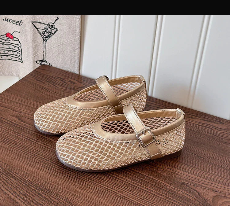 Toddler Girls Mesh Ballet Flats 2026 New Summer Ankle Strap Sandals Non-slip Simple Princess Outdoor Beach Sandals Metallic Gold