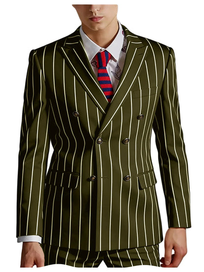 Men's Pinstripe 2 Piece Suit Set Double Breasted Peak Lapel Slim Fit Striped Tuxedo Suit For Wedding Prom Business Formal