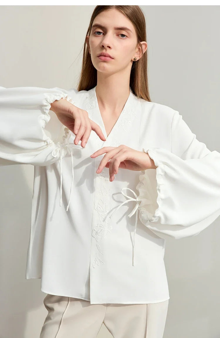 Chiffon Women's Blouse 2025 Autumn New V-neck Letter Embroidered Top Elegant Lantern Sleeve Loose Women's Shirt 12421028