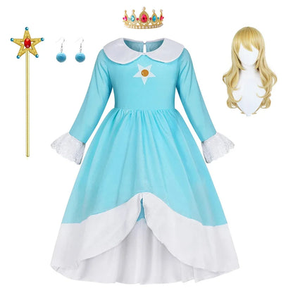 Rosalina Dress Girls Peach Children Halloween Costume Game Role Play Princess Dress Long Sleeve