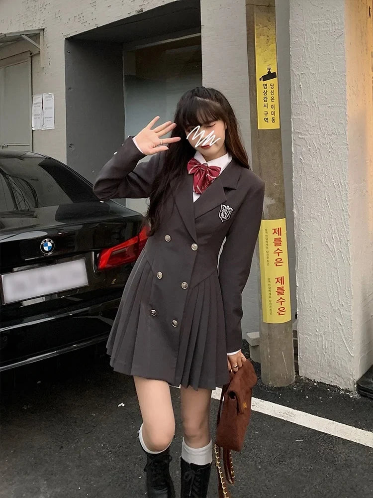 Sweet Style Suit Dress Korean Drama Main Character Waist Cinched Beautiful  Skirt College Style High Waist Double Breaste...