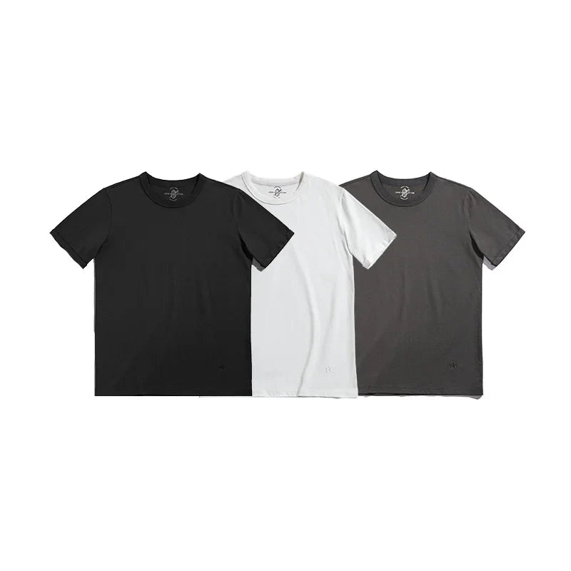 Summer Solid Color Short Sleeve T-Shirts 100% Cotton Round Neck Tees with Rolled Edge Cuffs Casual Tops for Men