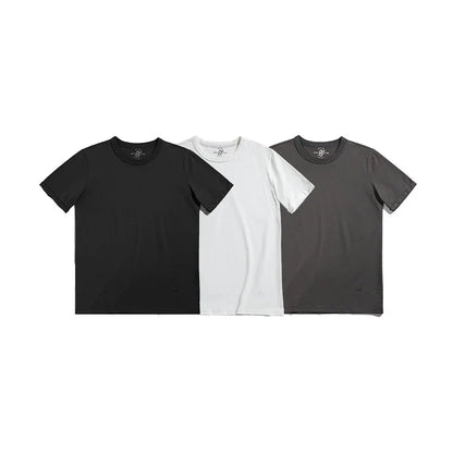 Summer Solid Color Short Sleeve T-Shirts 100% Cotton Round Neck Tees with Rolled Edge Cuffs Casual Tops for Men
