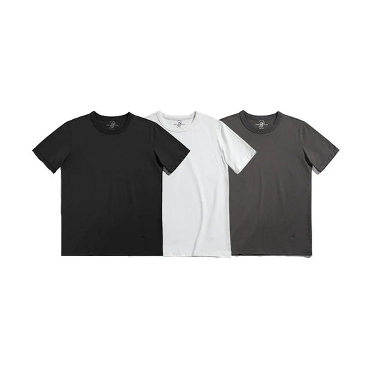 Summer Solid Color Short Sleeve T-Shirts 100% Cotton Round Neck Tees with Rolled Edge Cuffs Casual Tops for Men