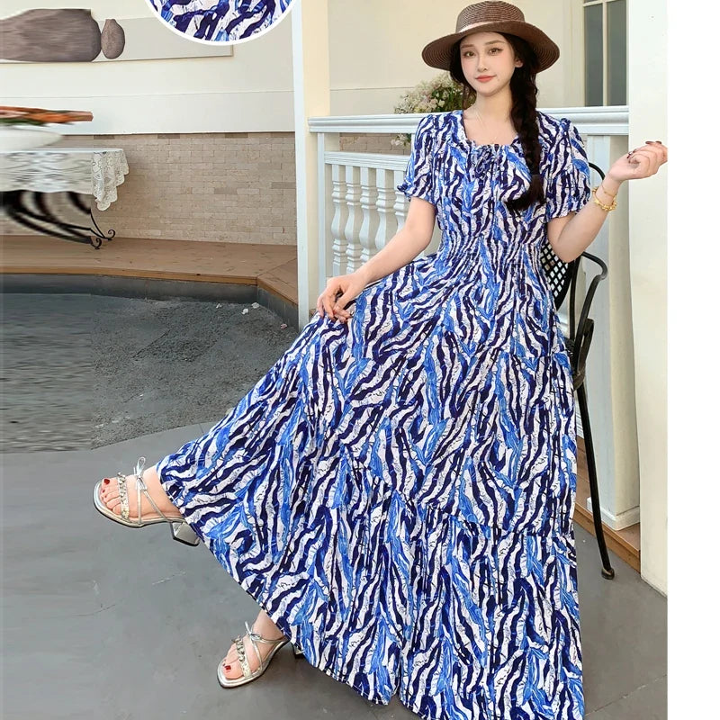 Summer New Cotton Silk Floral Print Maxi Dr ort Sve Beachwear High Waist Young Women's Large Skirt Swing Dr