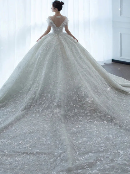 2025 Princess Sexy Luxury Crystal Beaded Wedding Dress Puff Tulle White Gown Bride Pregnant Women's High-end Gown with Trailing