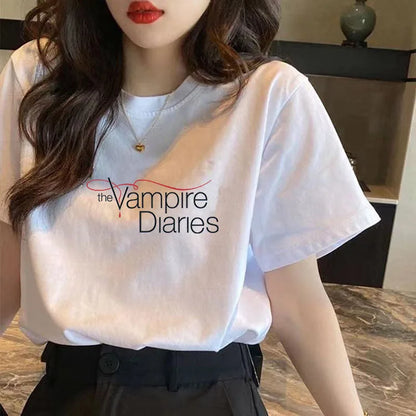 Vampire Diaries Cotton Women Girls Casual Harajuku T-shirt O-neck Short Sleeve Streetwear Ladies Graphic Summer Female T-shirt