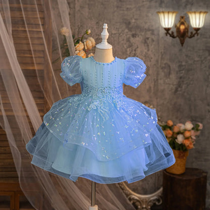 Summer New Girls' Bow Bead Embroidered Fluffy Skirt Baby Girl's Birthday Mesh Dress