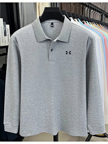Men's brand polo shirt letter printed long sleeved top spring new 100% cotton casual sports breathable lapel fashionable T-shirt