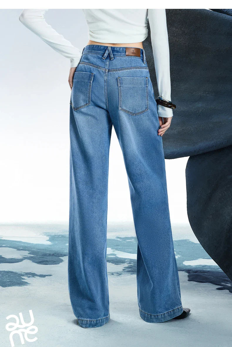 Women Denim Jeans 2025 Spring New Acetate Wide Leg Mid Low Waist Slim Fit Straight Wide Leg Pants