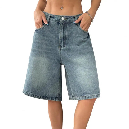 Women's Bermuda Summer Jean Shorts High Waisted Knee Length Baggy Jorts Wide Leg Breathable  Loose Denim Shorts with Pockets