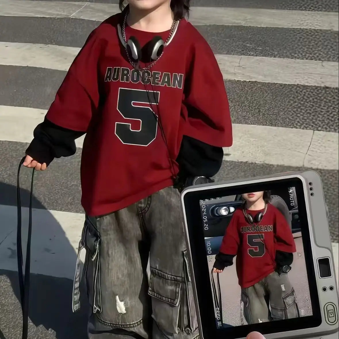 Boys Cotton Set 2026 Spring Autumn New Korean Red Children's Baby Fashion Color Blocked Sweatshirt+Cowboy Cargo Pant  2pcs Set