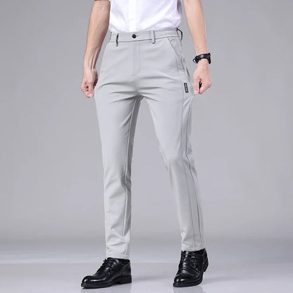 Ultra-thin Elastic Men's Casual Trousers Summer Quick-drying Ice Silk Slim Straight Business Solid Color Trousers Black Gray