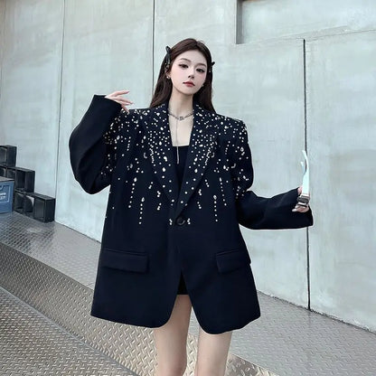 High-Quality Hot Diamond Black Blazer Women's Neutral Spring And Autumn New Design V ersatile Long-Sleeved Shoulder Padded Suit