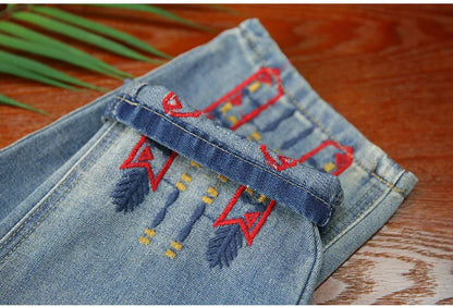 Fashion Summer Ladies Ripped Loose Jeans Womens Leisure Embroidery Denim Trousers Vintage Females Elastic Harem Pants