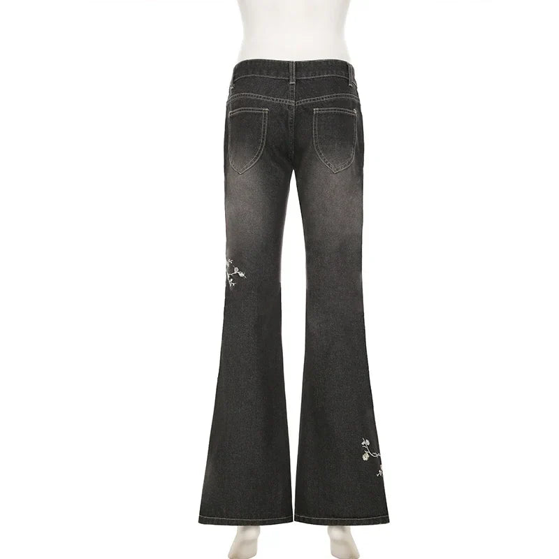 Weekeep Floral Embroidery Jeans Vintage 2000s Low Rise Flared Jeans Women Retro y2k Baggy Denim Pants High Street Basic Trousers