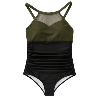 XL Size One Piece Swimsuit Women Mesh Hollow Out Swimwear For Women Solid Padded Push Up Plus Size Summer Bathing Suits Female