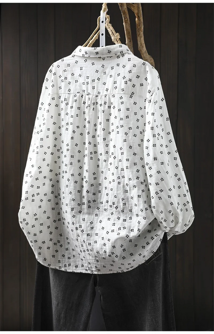 Sweet Snow Dots Print Shirt, Double Layers, Cotton Yarn, Peter Pan Collar, Long Sleeve, Casual Blouse Shirt