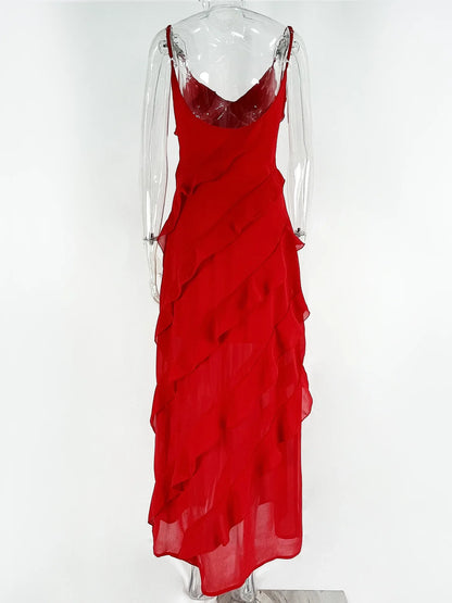2024 Summer Fashion New Elegant Women's Sexy Chiffon Vacation Style Sling Dress with Ruffle Edge Style Long Dress