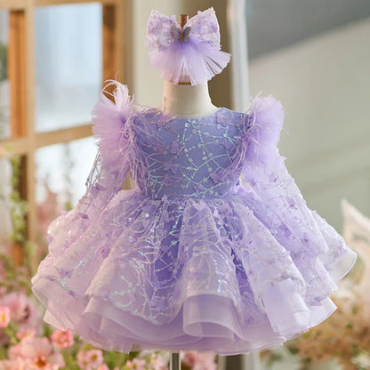 Luxury Girls' Party Dress, Long Sleeved Sequined Butterfly Mesh Dress, One Year Old Birthday Gift, Elegant Dress for Girls Aged