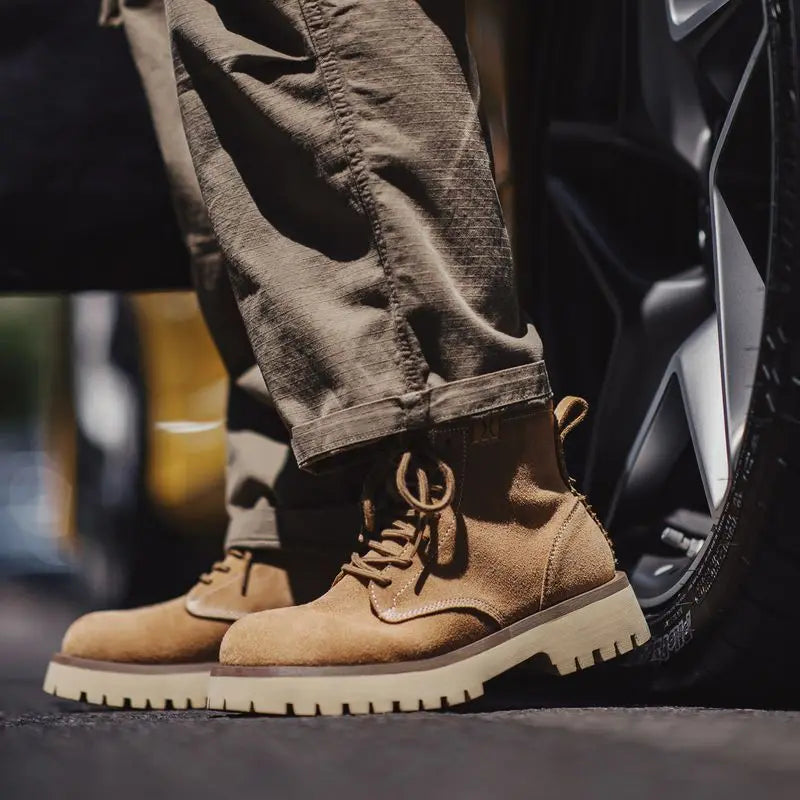 Vintage Men's Cow Suede High-Top Boots Chunky Round Toe Work Desert Boots Lace-Up Ankle Boots for Fall Winter Casual Shoes