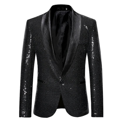 Shiny Gold Men Sequin Glitter Embellished Blazer Jacket, Nightclub Prom Suit Coats Mens Costume Homme Stage Clothes For Singers