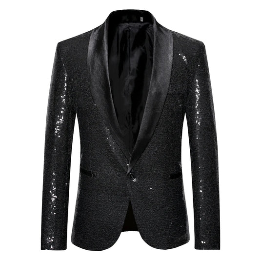 Shiny Gold Men Sequin Glitter Embellished Blazer Jacket, Nightclub Prom Suit Coats Mens Costume Homme Stage Clothes For Singers