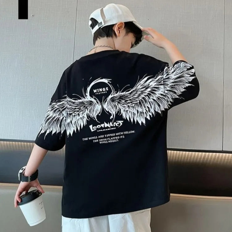 2026 Summer Kids Wing T-Shirt Cotton Loose Stylish Boy's Shirt Big Kids Summerwear