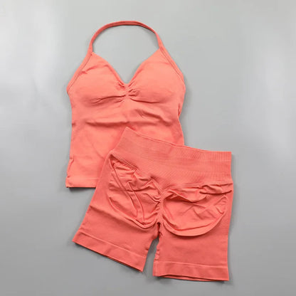 Yoga Longline Strappy Top Leggings Set Women's Backless Camisole Built-In bra Vest High-Waisted Hip Lift Gym Shorts Sports Set