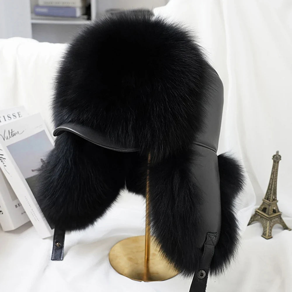 Winter Cap Man 100% Real Sliver Fox Fur Bomber Hat Men's Raccoon Fur Hat Ushanka Cap Trapper Russian Ski Caps Hats Real Fur Hat