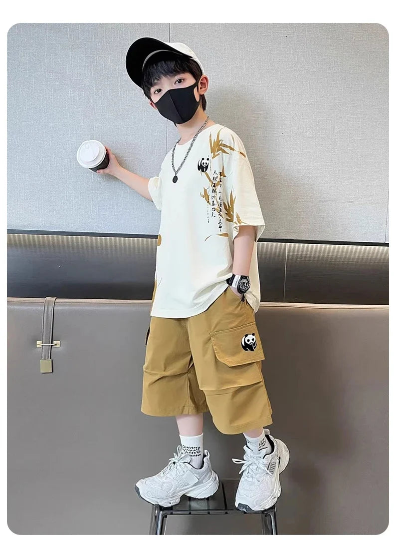 Chinese Style Kids Boy Summer Suit Twopiece Outfit Set With Panda Print T-shirt And Shorts Clothing Set for Children Streetwear