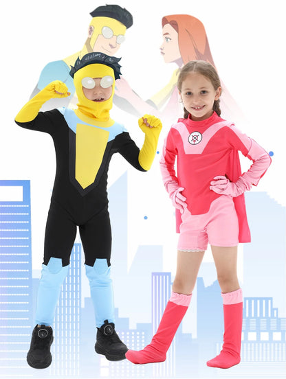 Anime Kids Invincible Costume Boys Omni-man Mark Grayson Cosplay Child Superhero Girls Atom Eve Pink Jumpsuit Halloween Costume