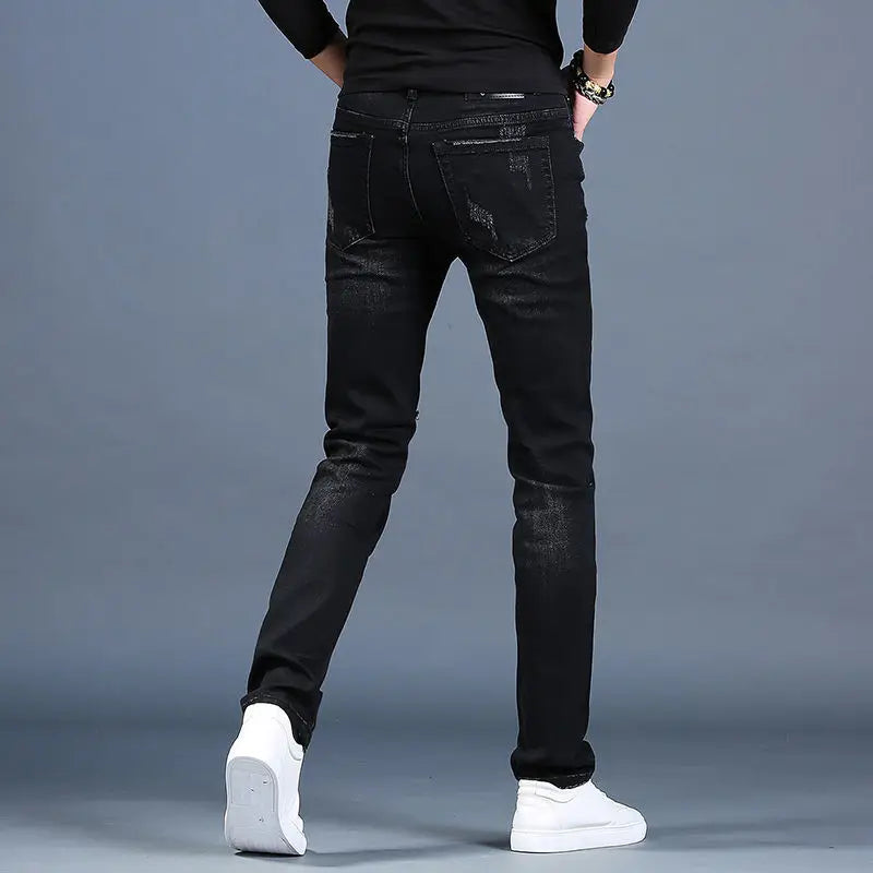 Harajuku Fashion Men's High-end Embroidered Jeans Korean Style Prints Patches Slim Fit Casual Spring Autumn Cowboy Trousers