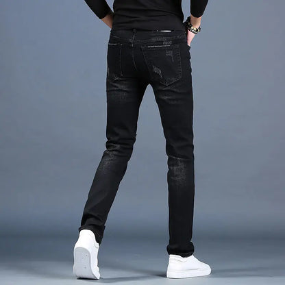 Harajuku Fashion Men's High-end Embroidered Jeans Korean Style Prints Patches Slim Fit Casual Spring Autumn Cowboy Trousers