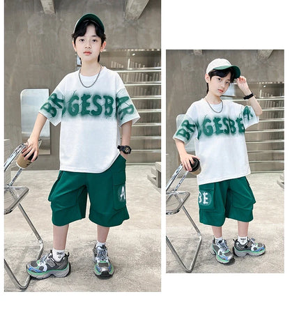 Hot Sale Teenager Boy Summer Tee Top and Bottom Clothes Set for Child Letter Print Cotton T-shirt + Shorts 2 Piece Clothing Suit