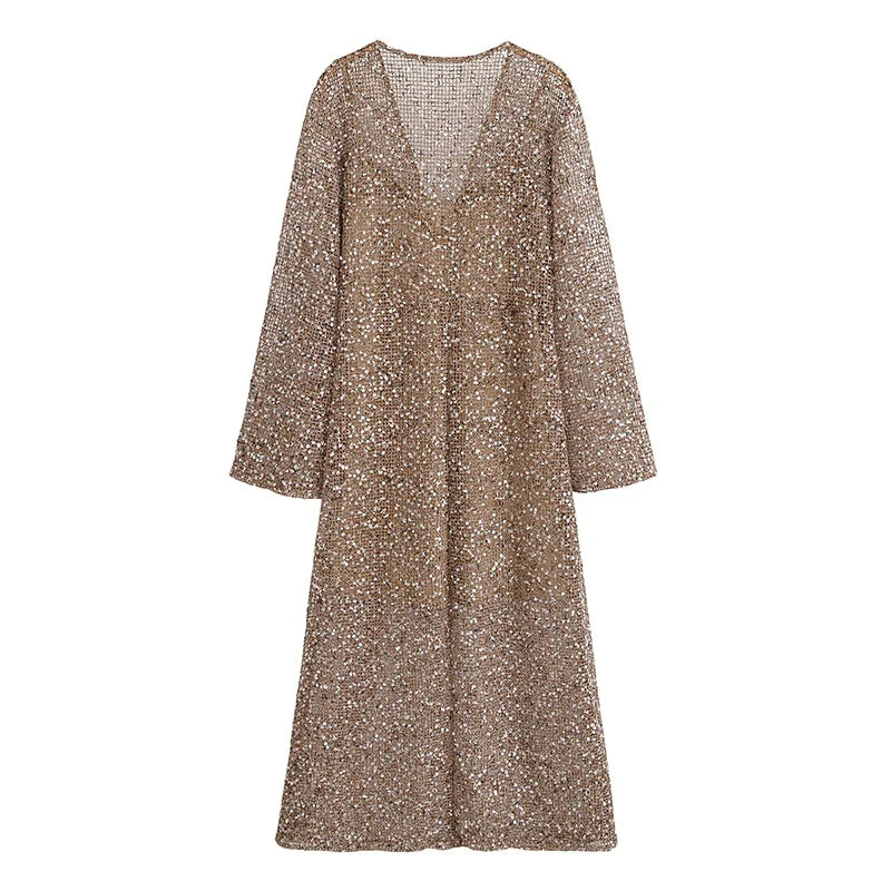 Sexy Sequined Long Pleated Dress Women Deep V-neck Full Sleeve See Through Dresses 2026 Summer Lady Party Evening Dresses ﻿