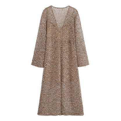 Sexy Sequined Long Pleated Dress Women Deep V-neck Full Sleeve See Through Dresses 2026 Summer Lady Party Evening Dresses ﻿