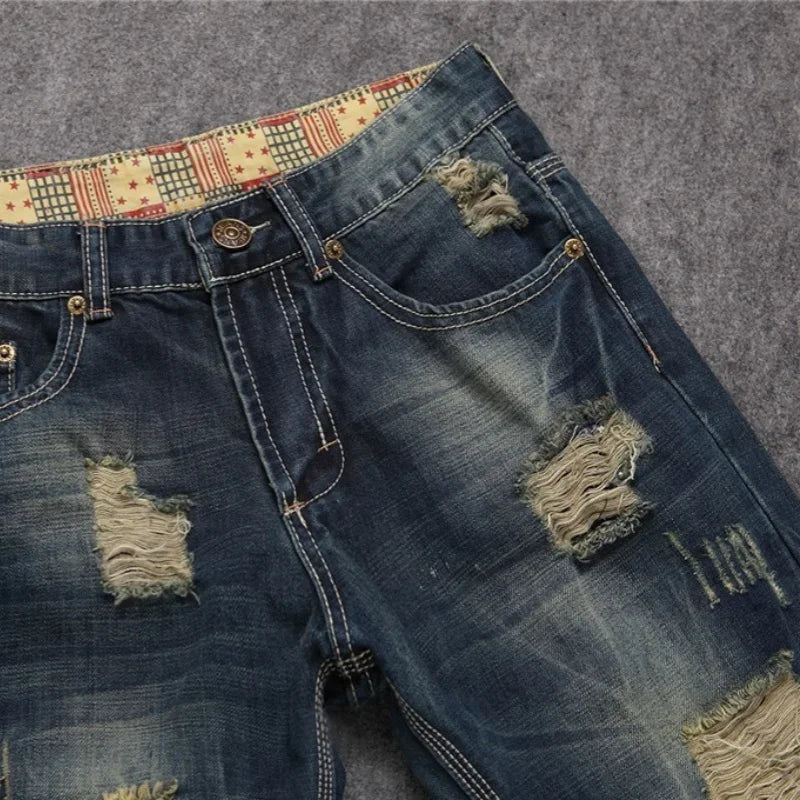 Men's Personalized Ripped Jeans Retro Distressed New Style Straight Slim Fit Casual High Street Fashion Denim Long Pants Male