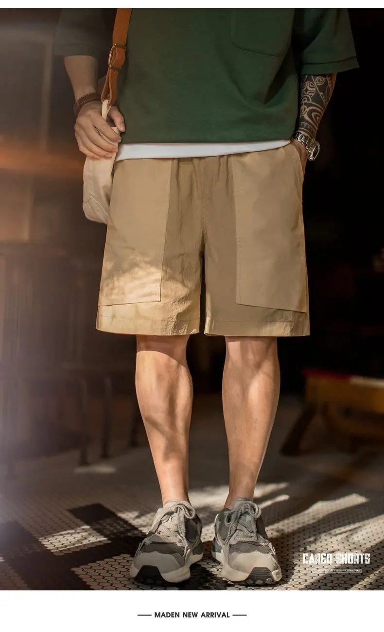 Maden Outdoor Quick-Dry Khaki Cargo Shorts Men's Summer Lightweight Woven Straight Leg Beach Pants Elastic Waist Pocket Shorts