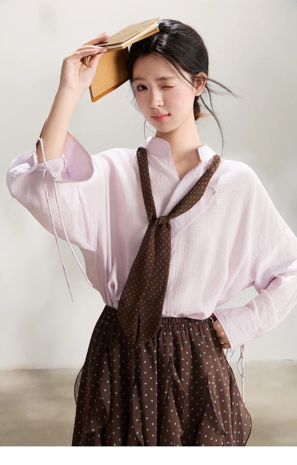 Women's Asymmetric V Neck Shirts 2026 Spring Lapel Casual Loose Tie Cuffs Solid Shirt with Polka Dot Ribbon MXF108X1002