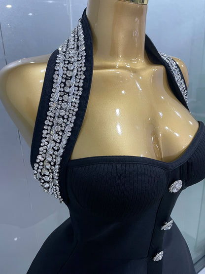 2025 Women Black Sexy Off the Shoulder Shinning Crystal Bodycon Bandage Long Dress Gloves Elegance Celebrate Evening Party Dress