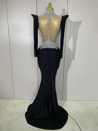 Luxury Sparkly Diamonds Pearl White See Through Mesh Long Dress Women Wedding Evening Party Stage Performance Photoshoot Dress