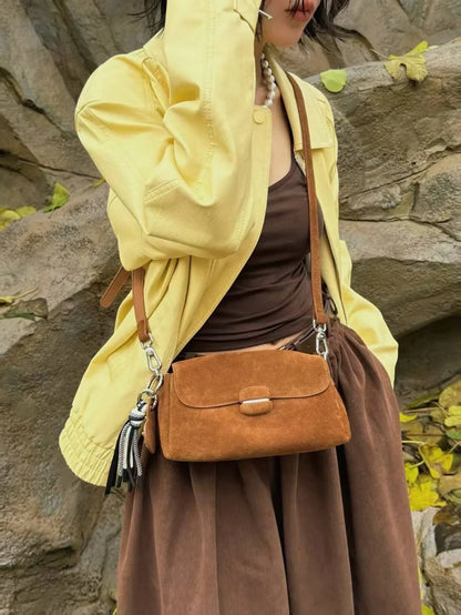Genuine Grade Luxury Designer Women's Small Shoulder Crossbody Small Square Bags Suede Leather Female Daily Purse Underarm Bag